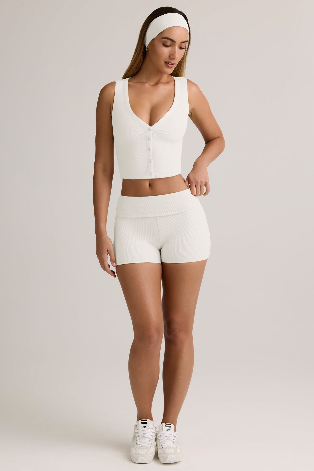 Modal Ribbed Mid-Rise Foldover Shorts in White