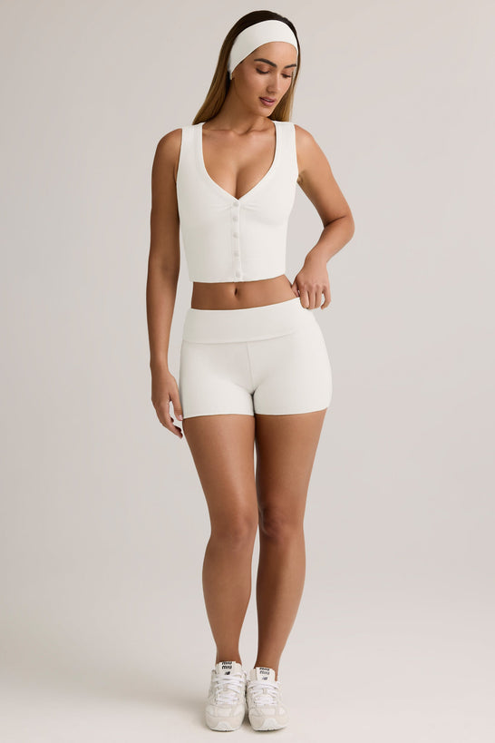 Modal Ribbed Mid-Rise Foldover Shorts in White