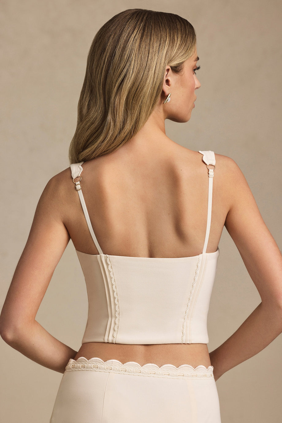 Plunge-Neck Scalloped Corset Top in Ivory