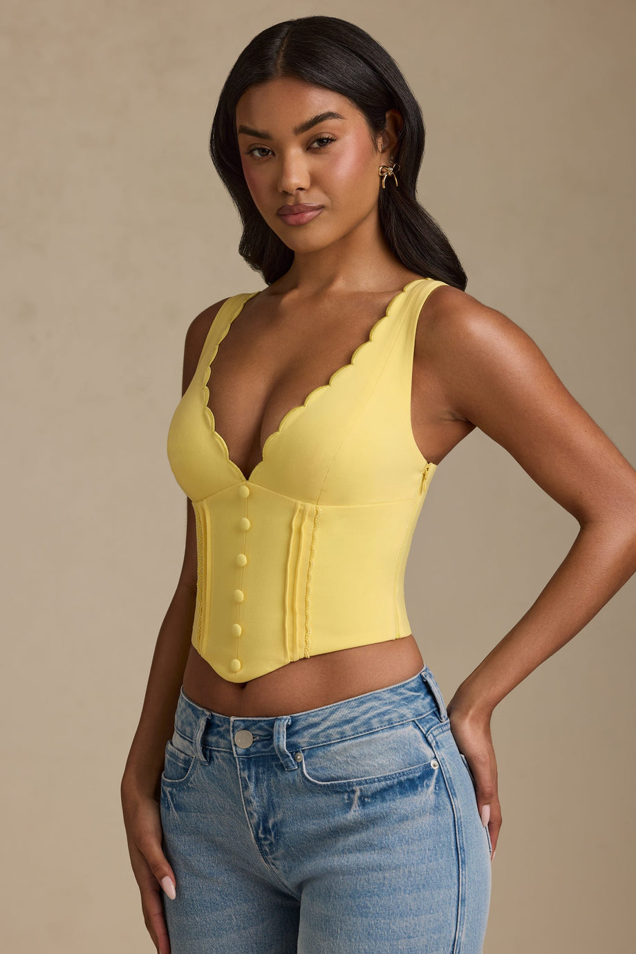 Plunge-Neck Scalloped Corset Top in Pastel Yellow
