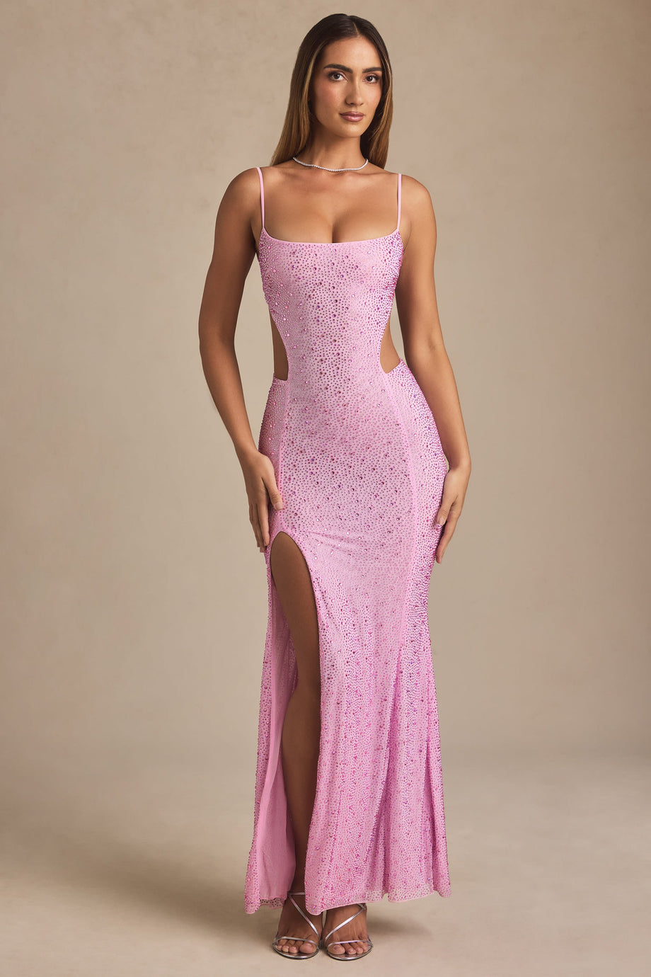 Embellished Cut-Out Fishtail Maxi Dress in Peony Pink