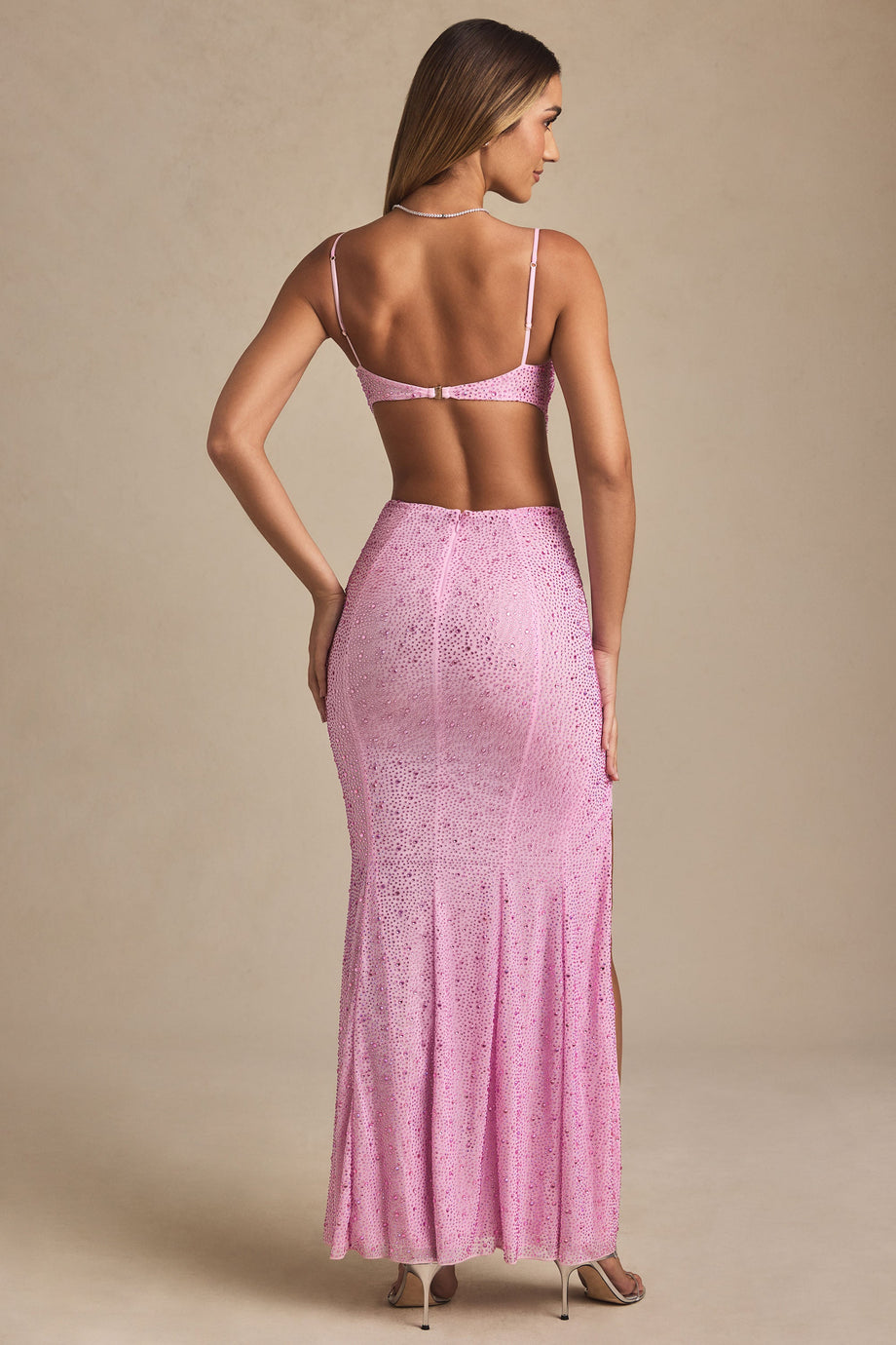 Embellished Cut-Out Fishtail Maxi Dress in Peony Pink