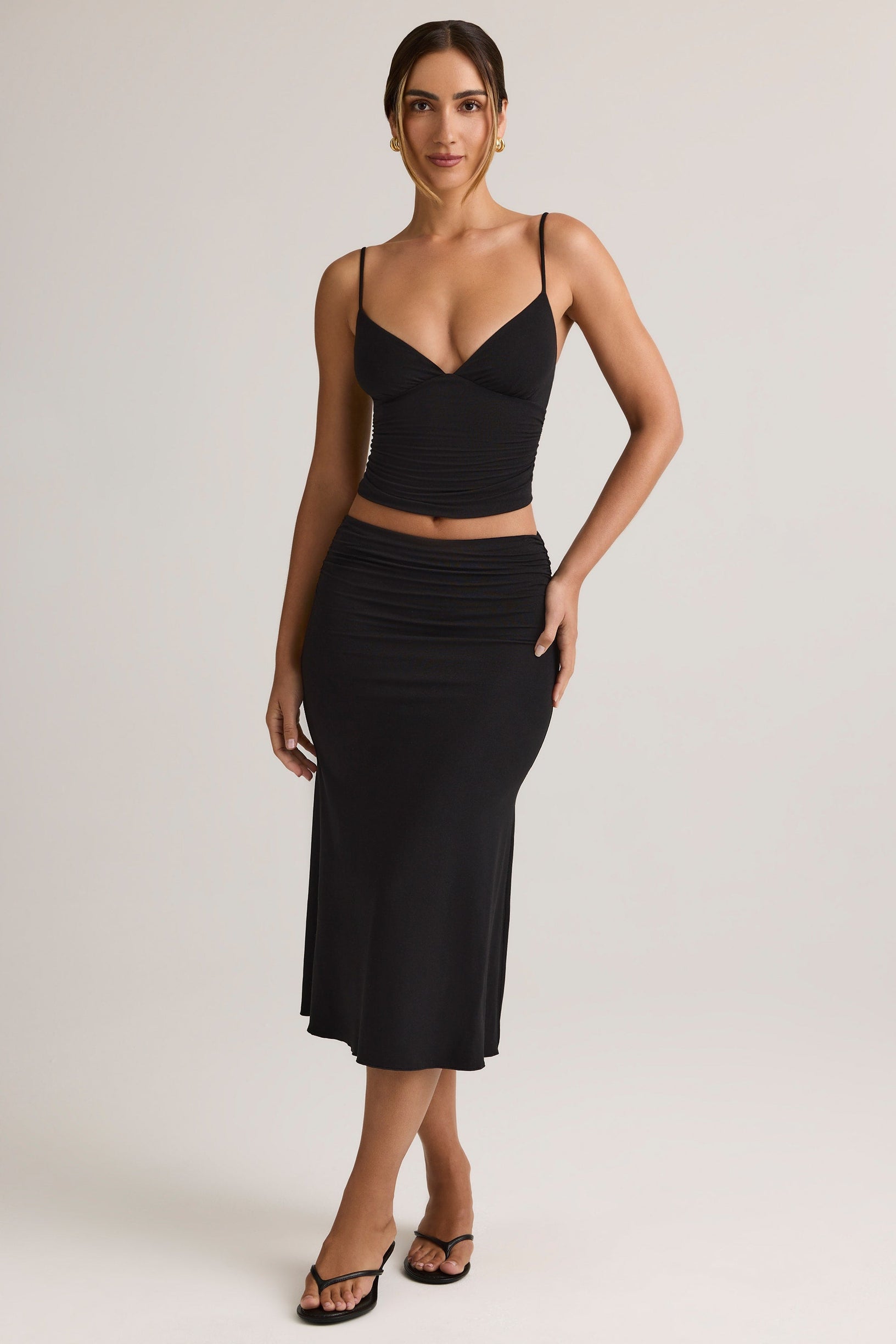 Modal Ruched Mid-Rise Midaxi Skirt in Black - 1