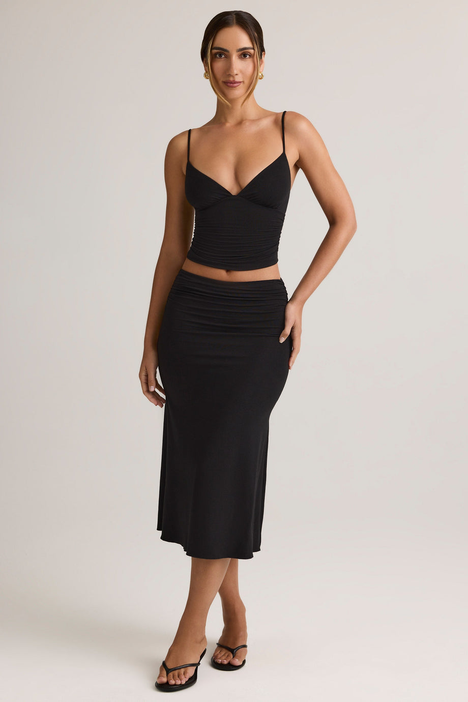 Modal Ruched Mid-Rise Midaxi Skirt in Black