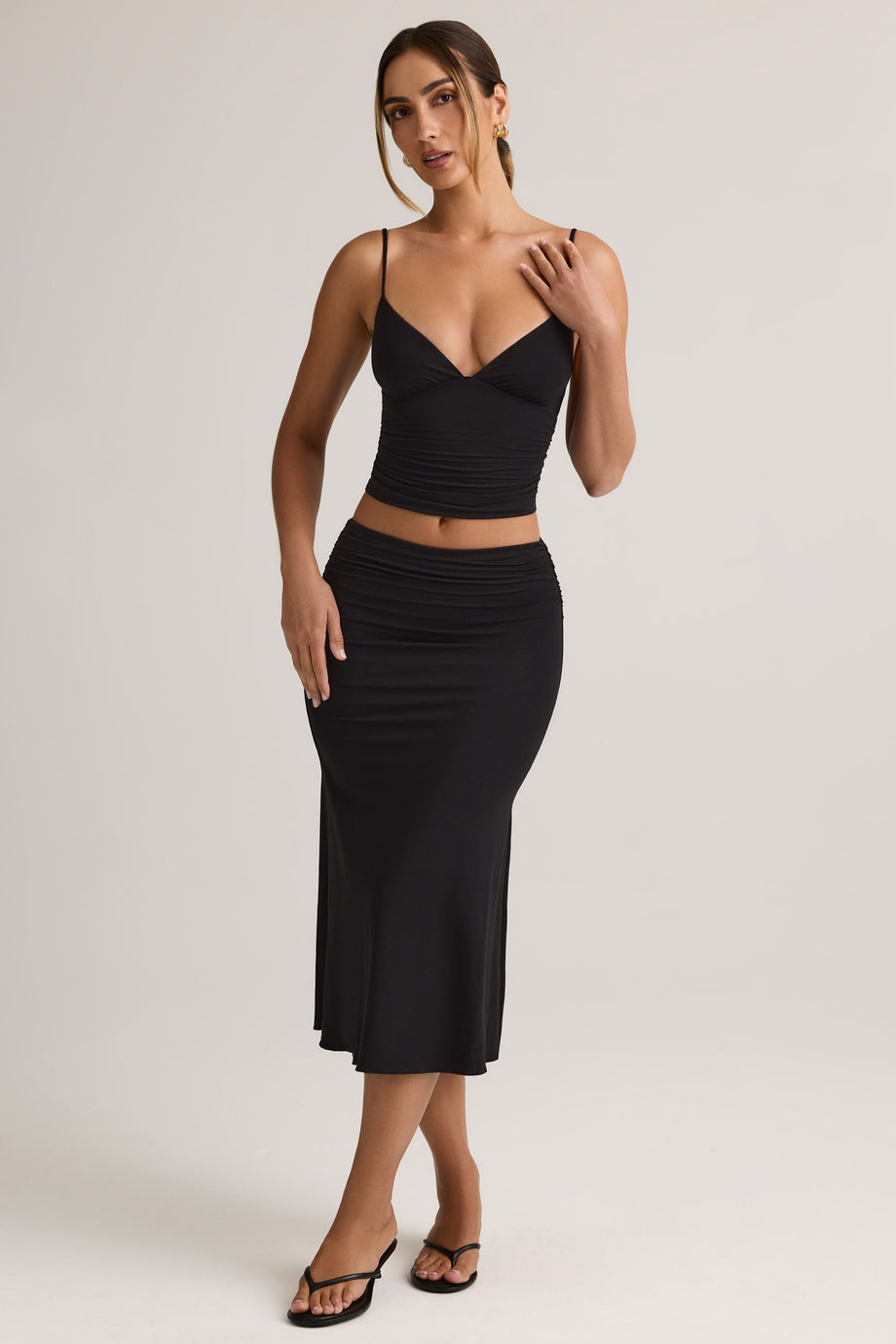 Modal Ruched Mid-Rise Midaxi Skirt in Black