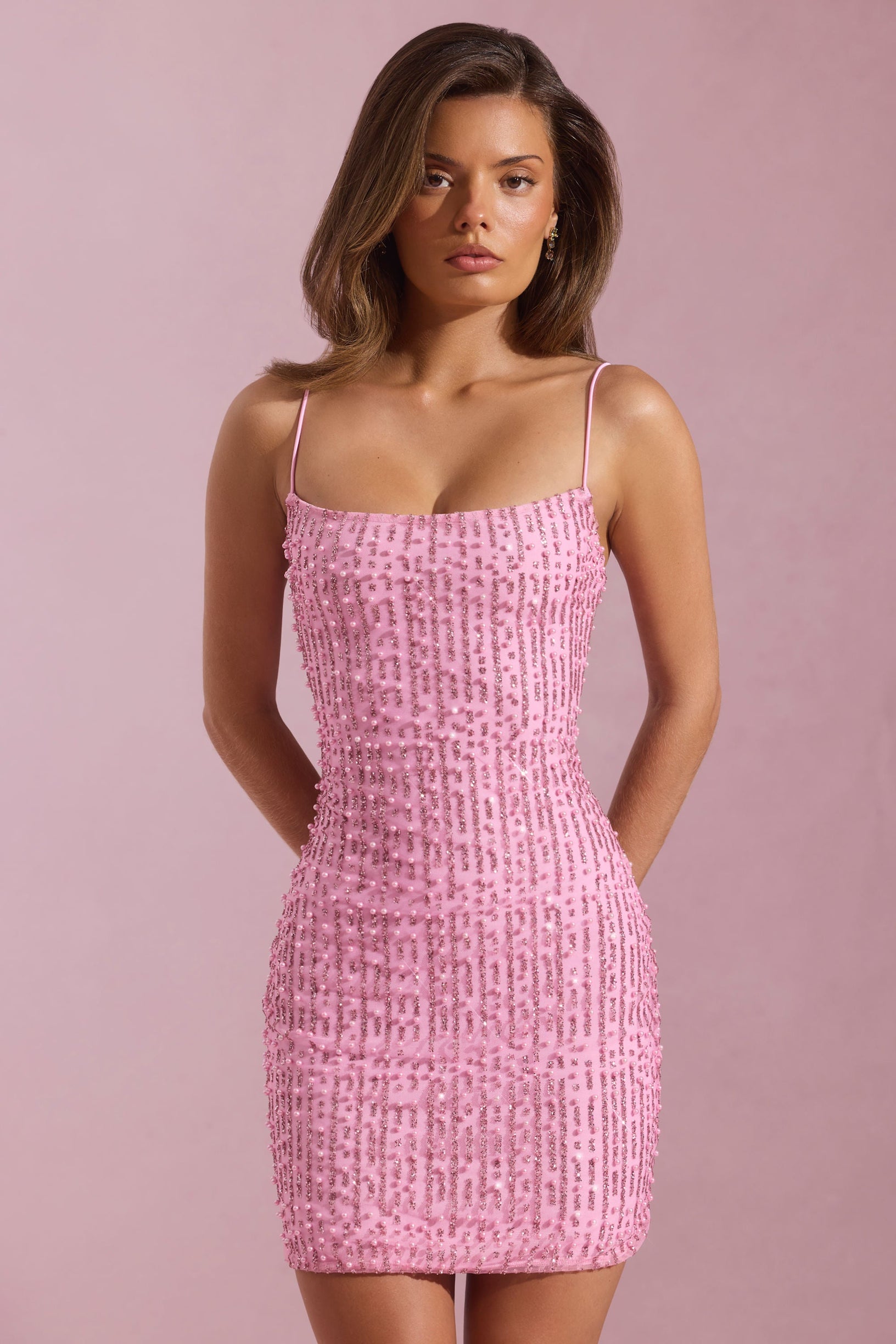 Embellished Scoop-Neck Bodycon Mini Dress in Pink - 1