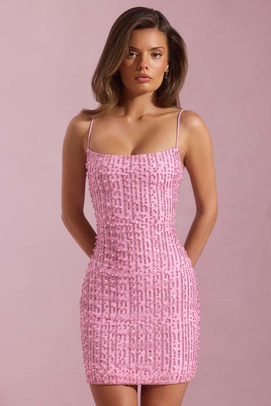 Embellished Scoop-Neck Bodycon Mini Dress in Pink