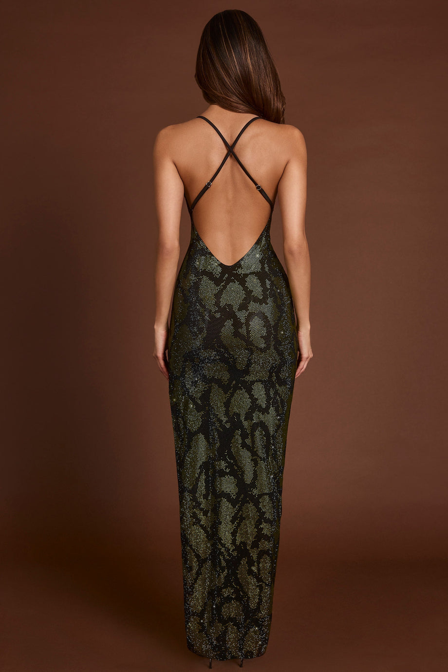 Embellished Halterneck Maxi Dress in Green Snake