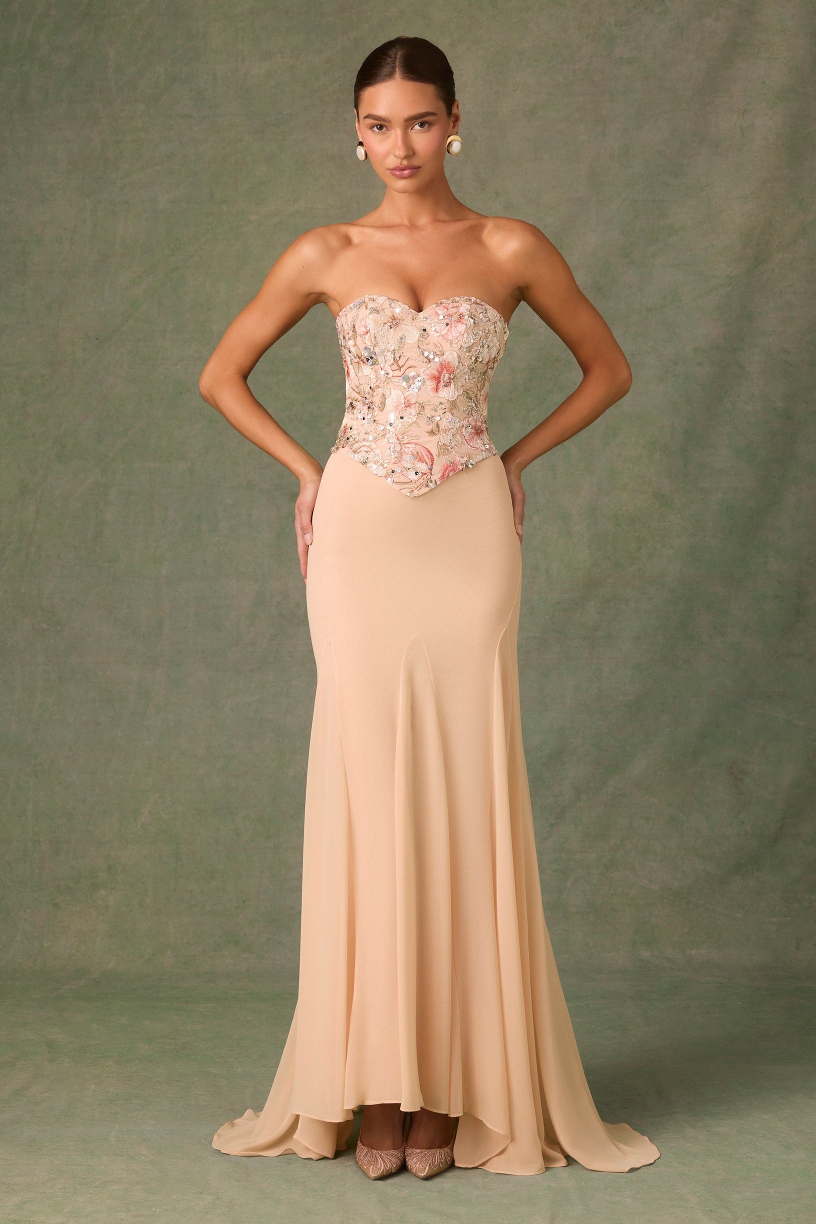 Embellished Corset Fishtail Gown in Floral Beige - 1