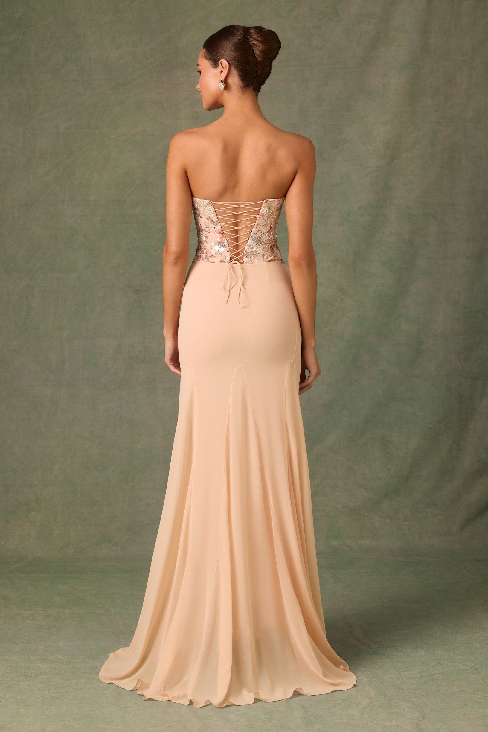 Embellished Corset Fishtail Gown in Floral Beige - 2