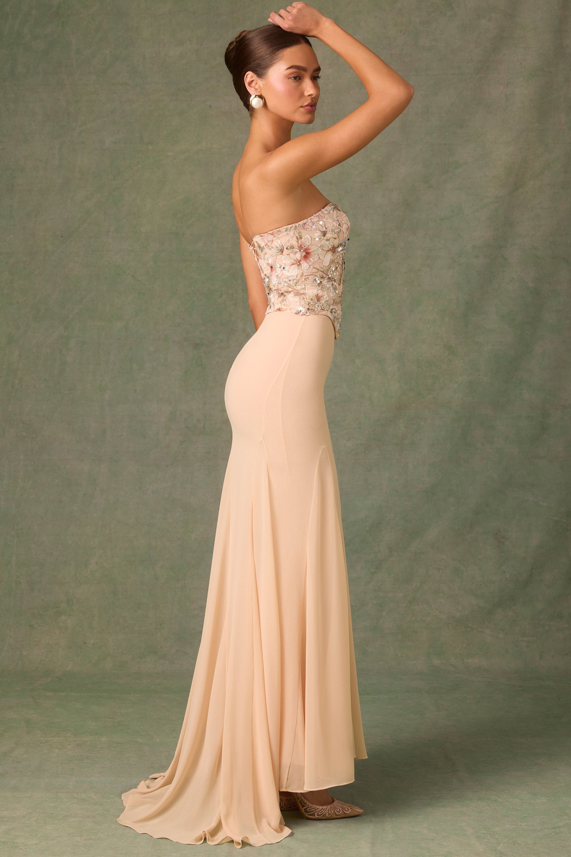 Embellished Corset Fishtail Gown in Floral Beige