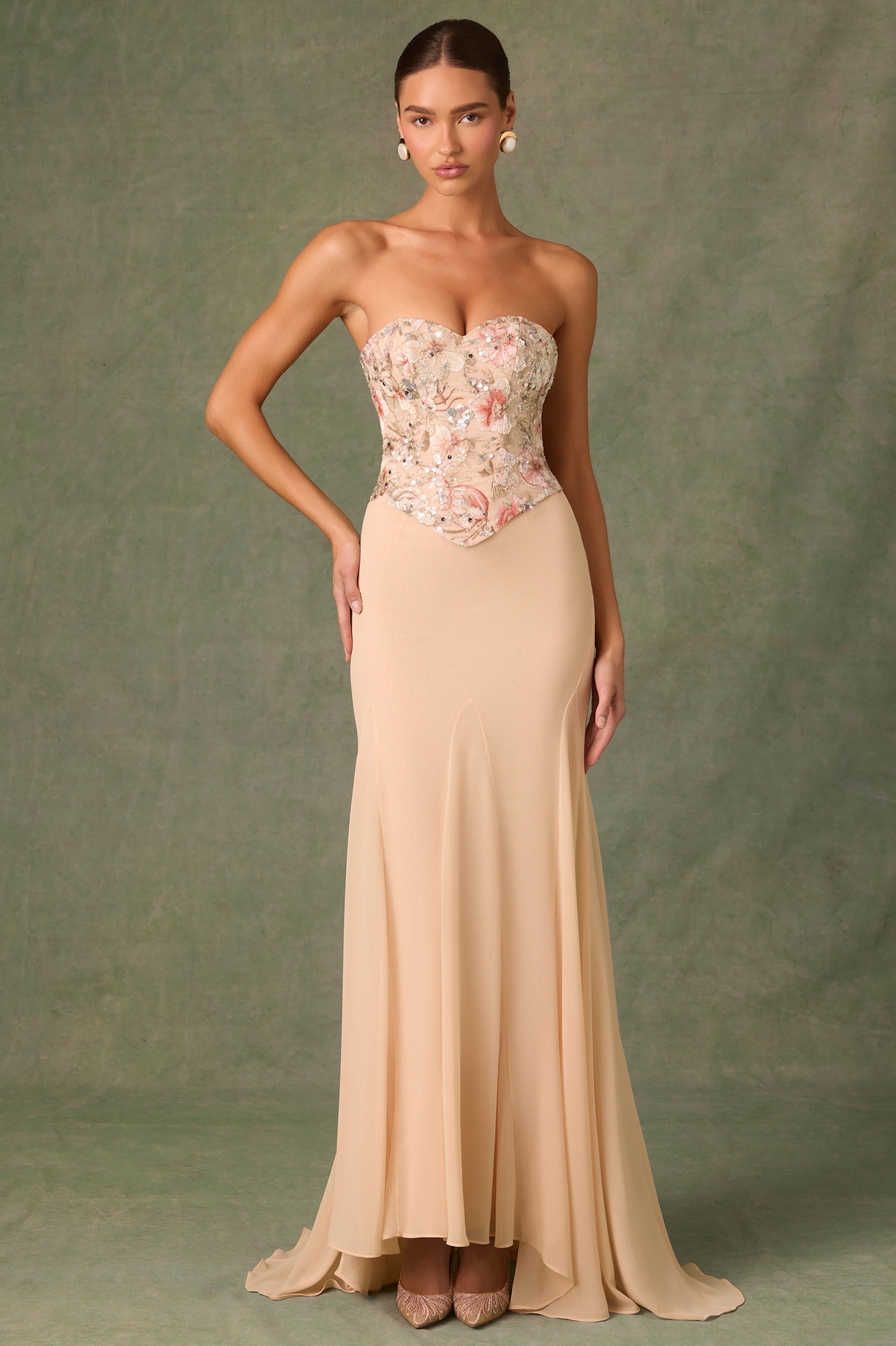 Embellished Corset Fishtail Gown in Floral Beige