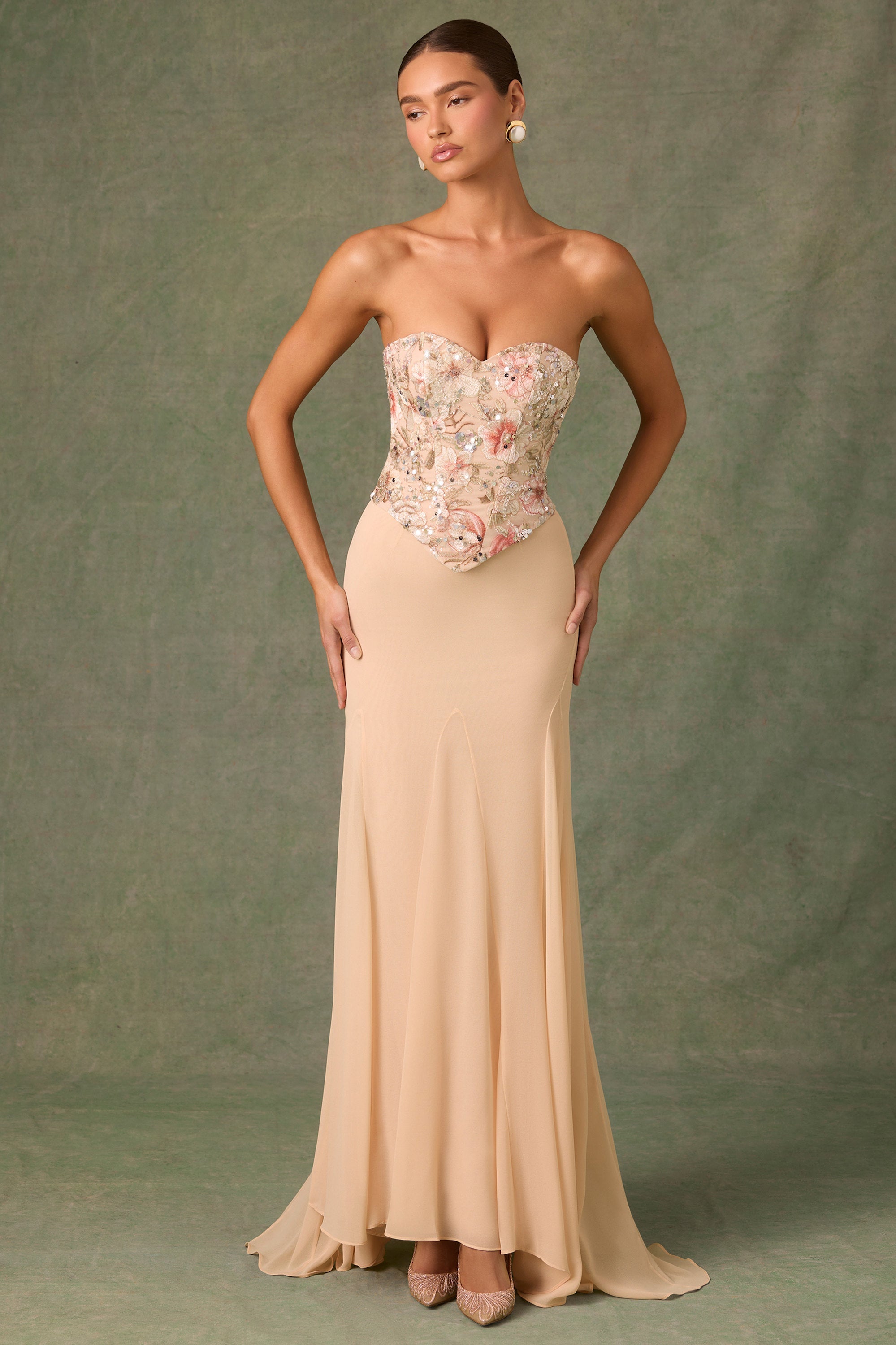 Embellished Corset Fishtail Gown in Floral Beige
