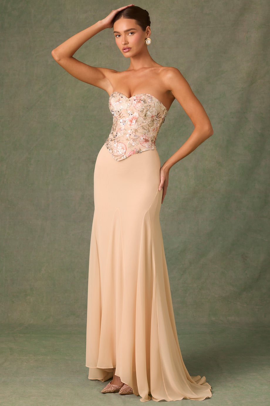 Embellished Corset Fishtail Gown in Floral Beige