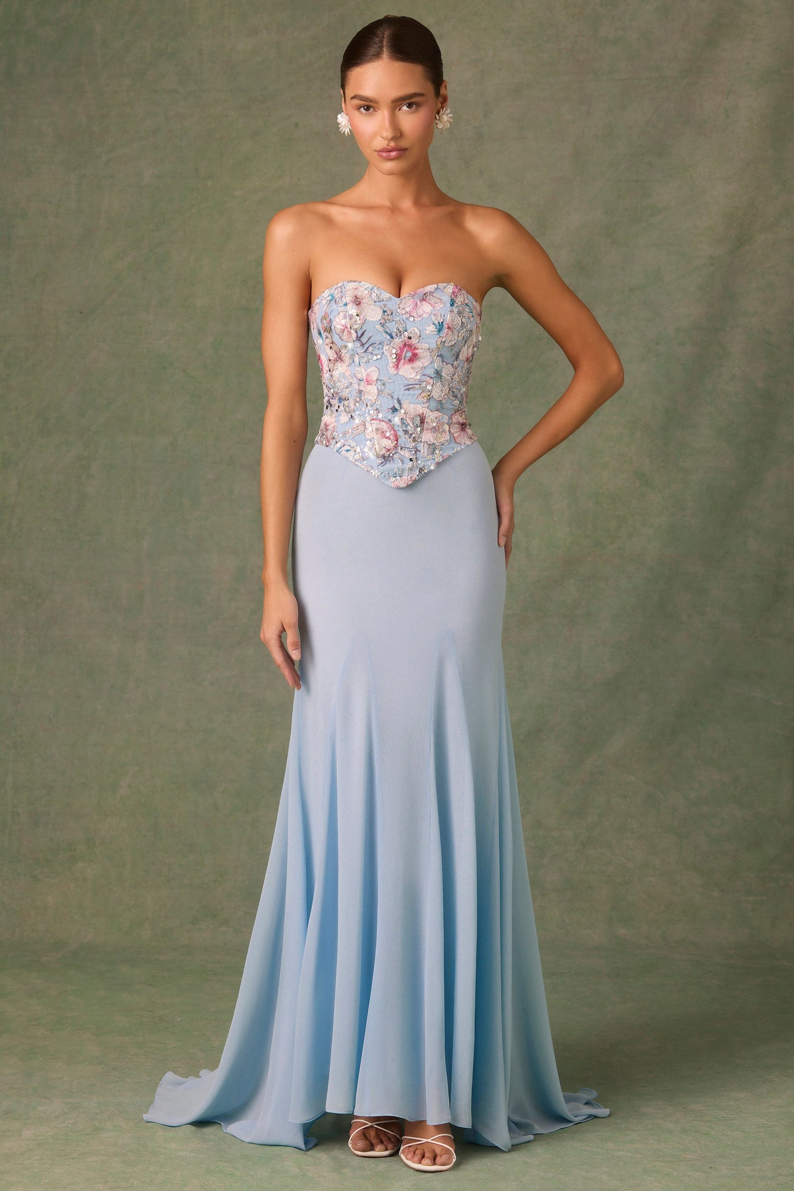Embellished Corset Fishtail Gown in Floral Blue - 1