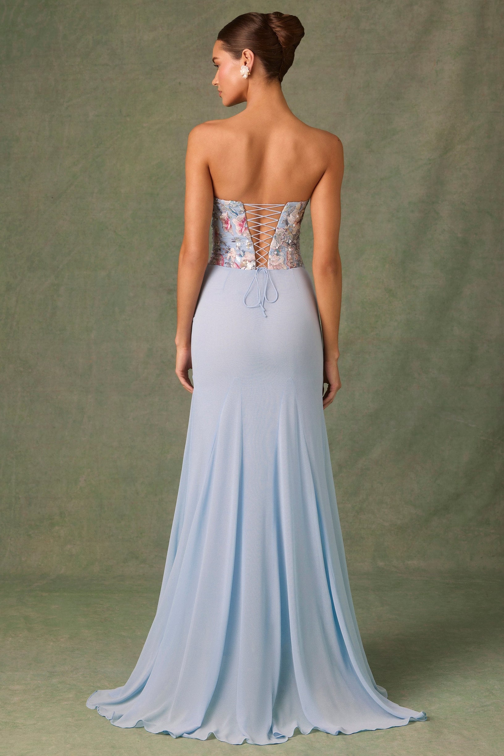 Embellished Corset Fishtail Gown in Floral Blue - 2