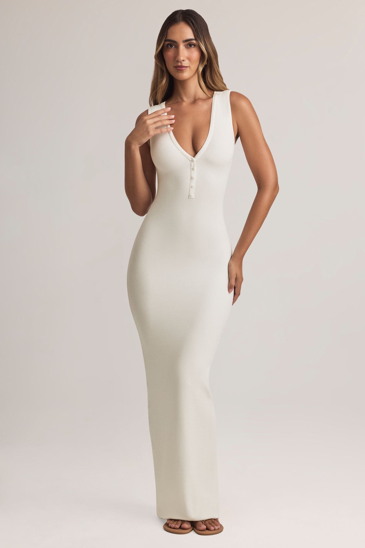 Modal Button-Detail Maxi Dress in White