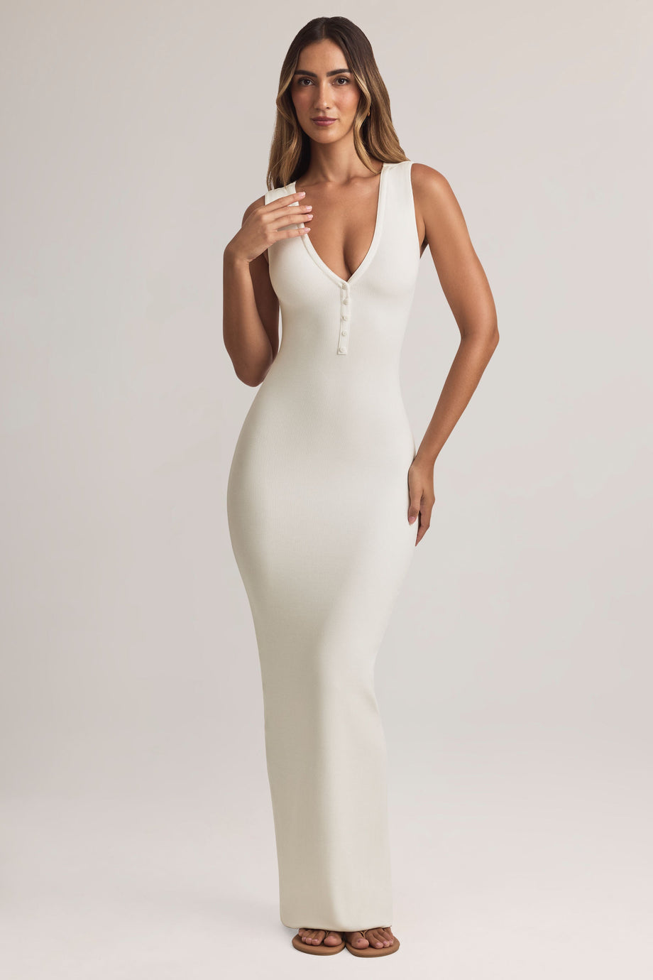 Modal Button-Detail Maxi Dress in White
