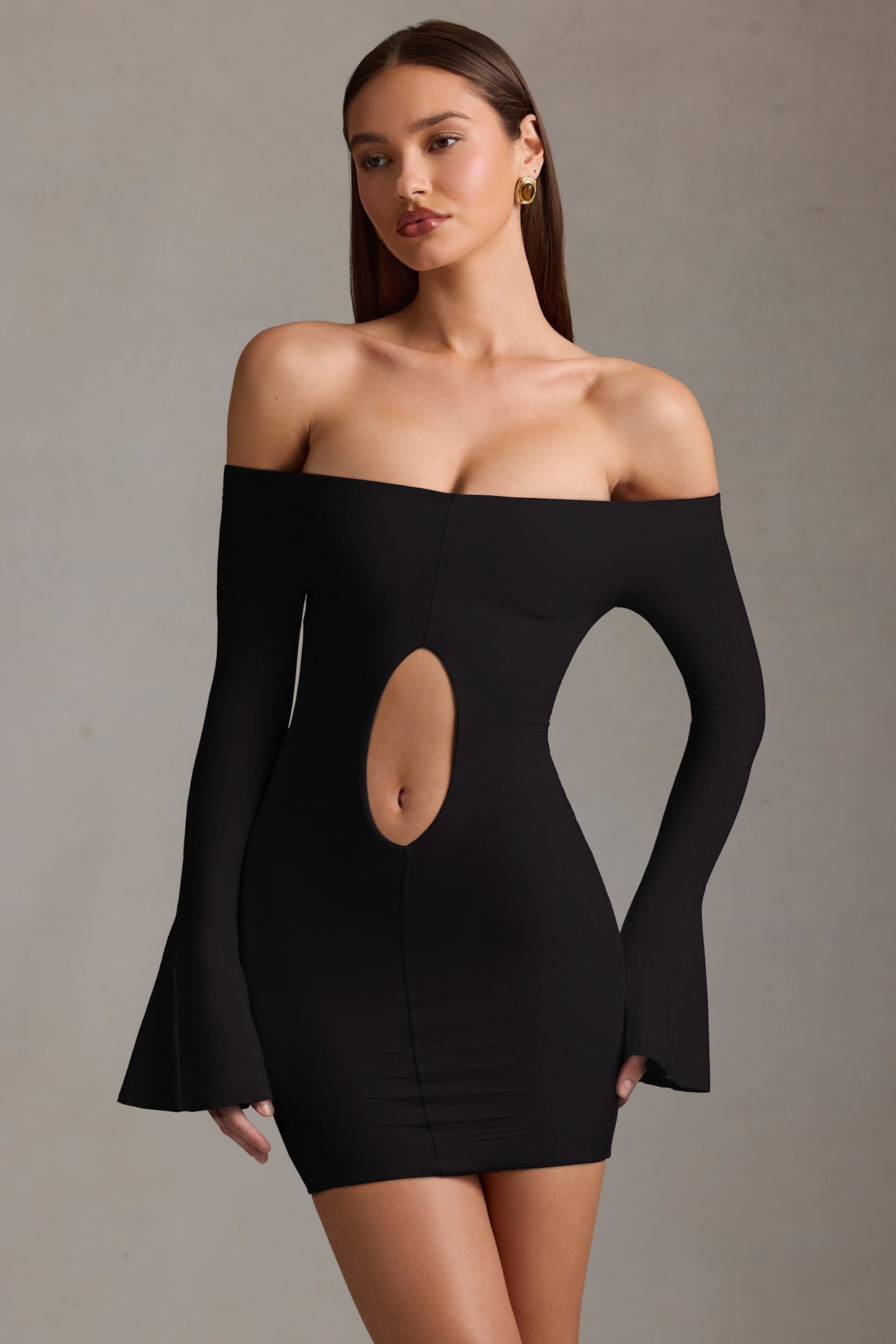 Off-Shoulder Cut-Out Mini Dress in Black Off-Shoulder Cut-Out Mini Dress in Black