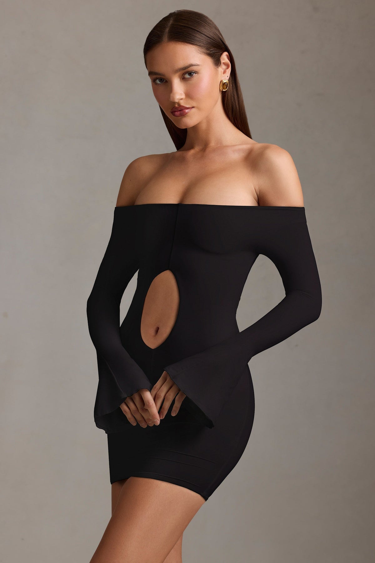 Off-Shoulder Cut-Out Mini Dress in Black