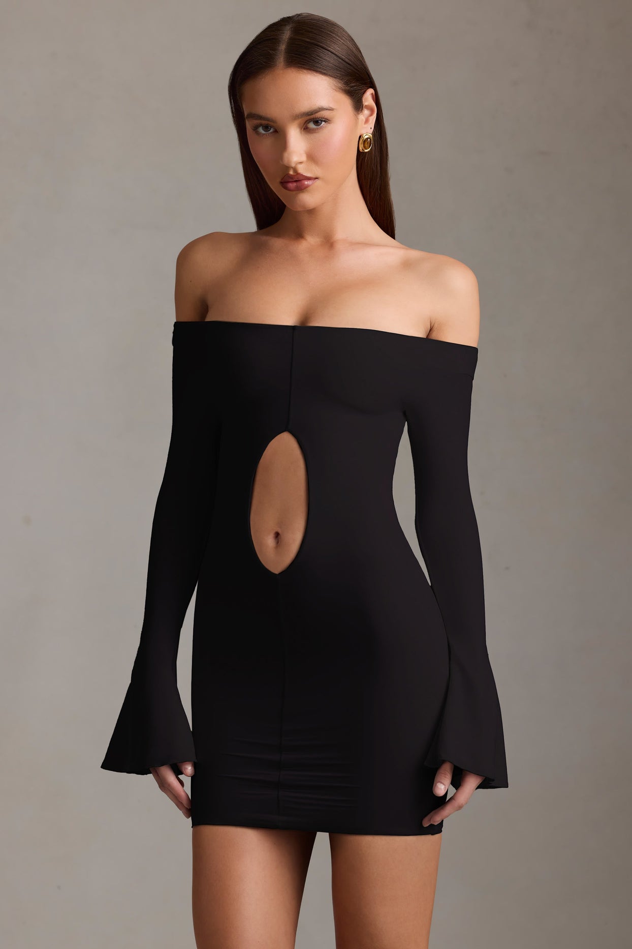 off the shoulder cutout dress Off-the-shoulder cutout stretch-knit maxi dress - gray
