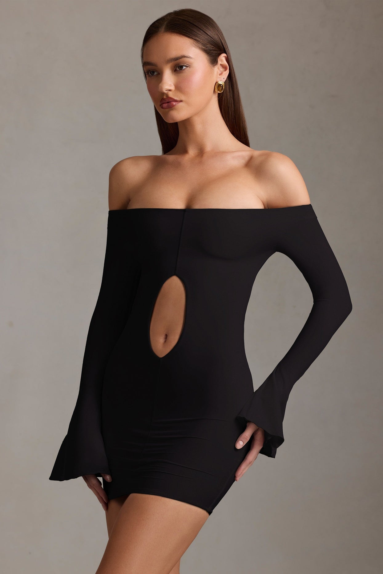Off-Shoulder Cut-Out Mini Dress in Black Off-Shoulder Cut-Out Mini Dress in Black