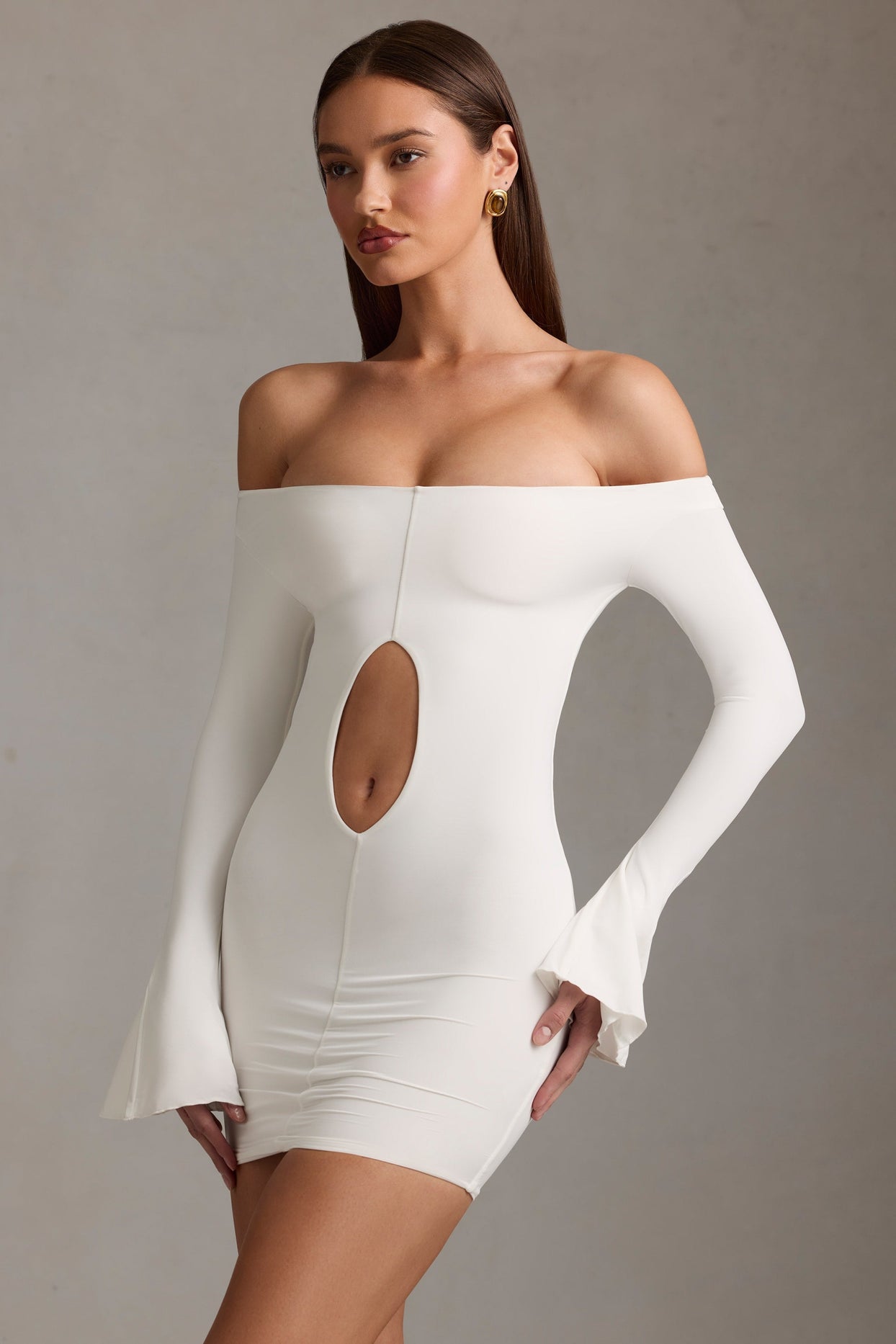 Off-Shoulder Cut-Out Mini Dress in White Off-Shoulder Cut-Out Mini Dress in White