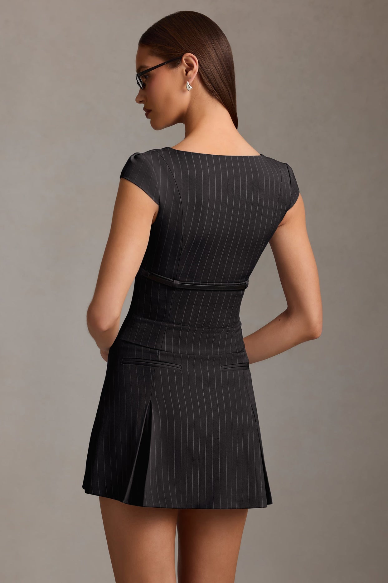 pleated waistcoat dress Maelis Pinstripe Pleated Waistcoat Mini Dress in Black