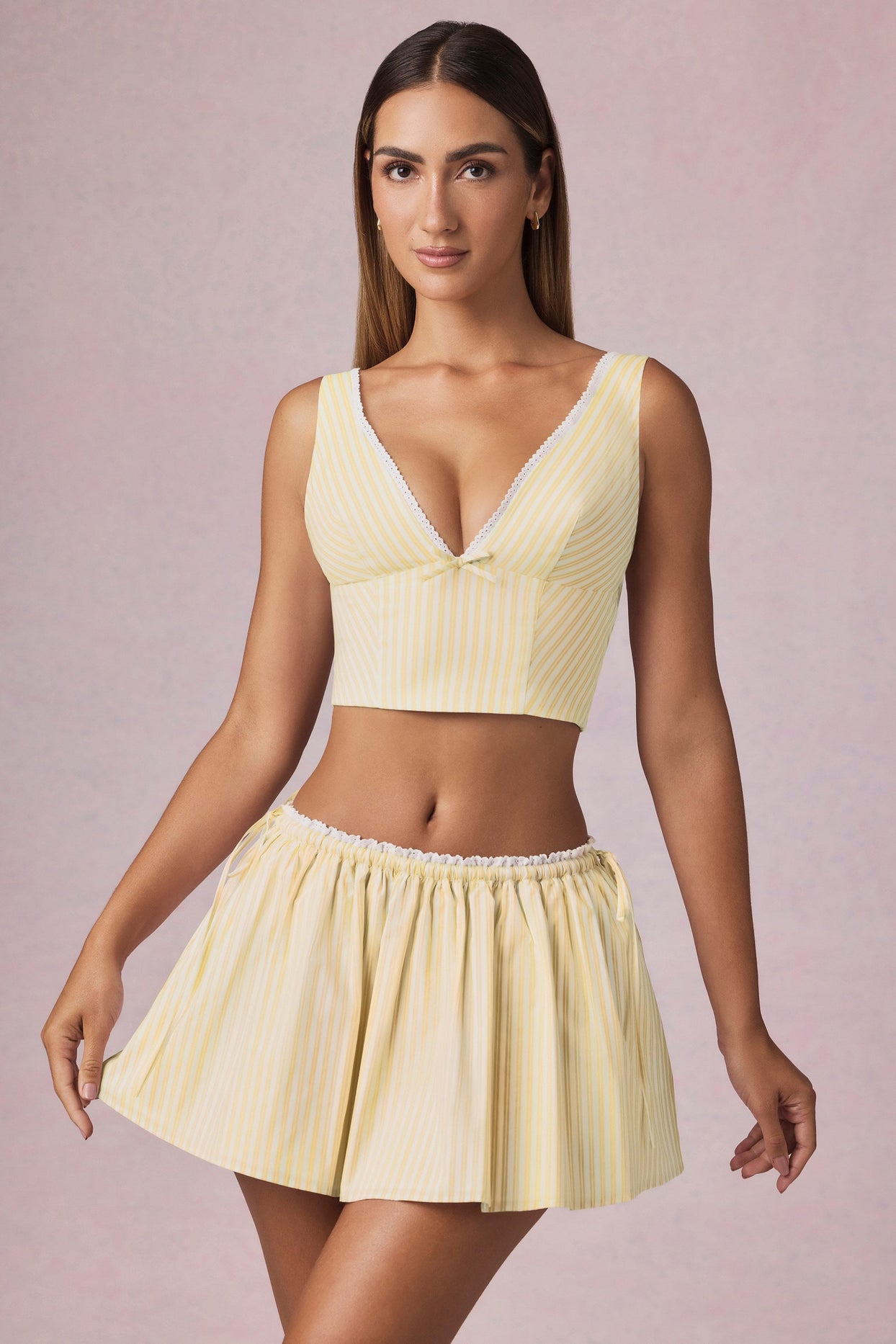 Ruched Drawstring Mini Skort in Lemon Yellow Stripe