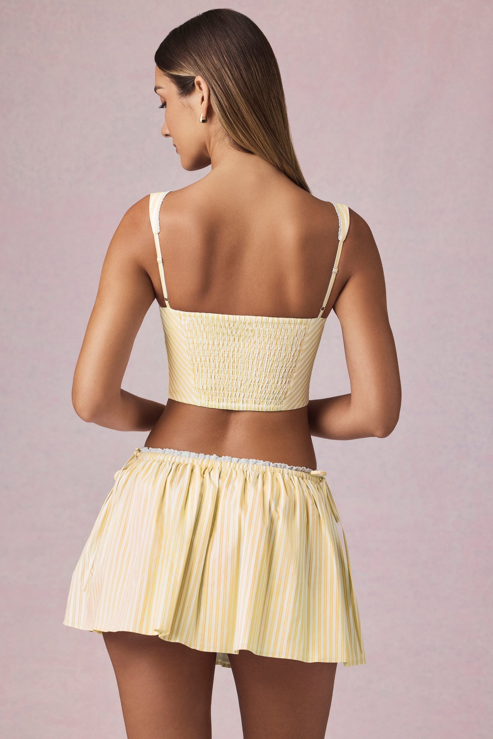 Ruched Drawstring Mini Skirt in Lemon Yellow Stripe - 2