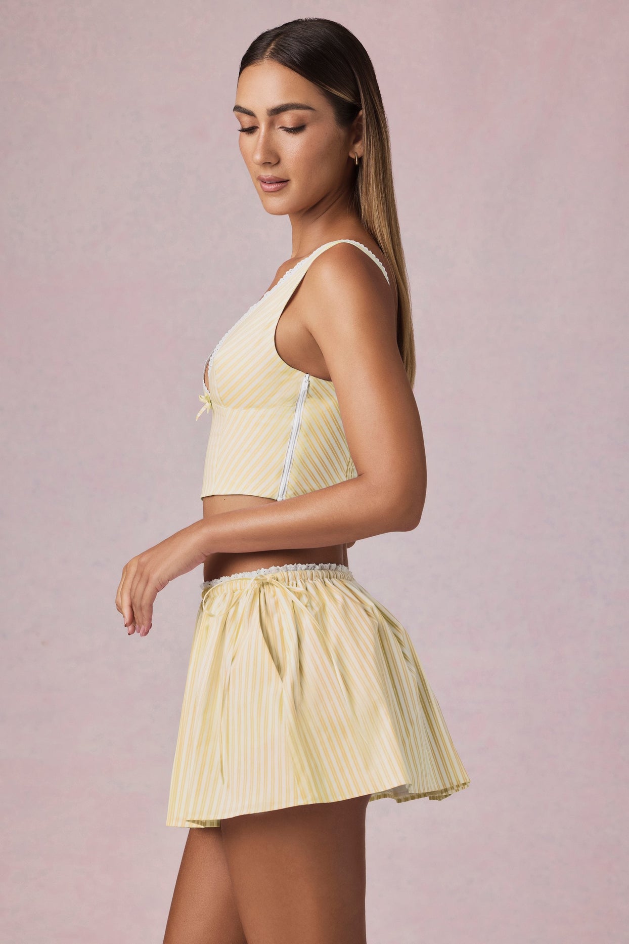 Ruched Drawstring Mini Skort in Lemon Yellow Stripe