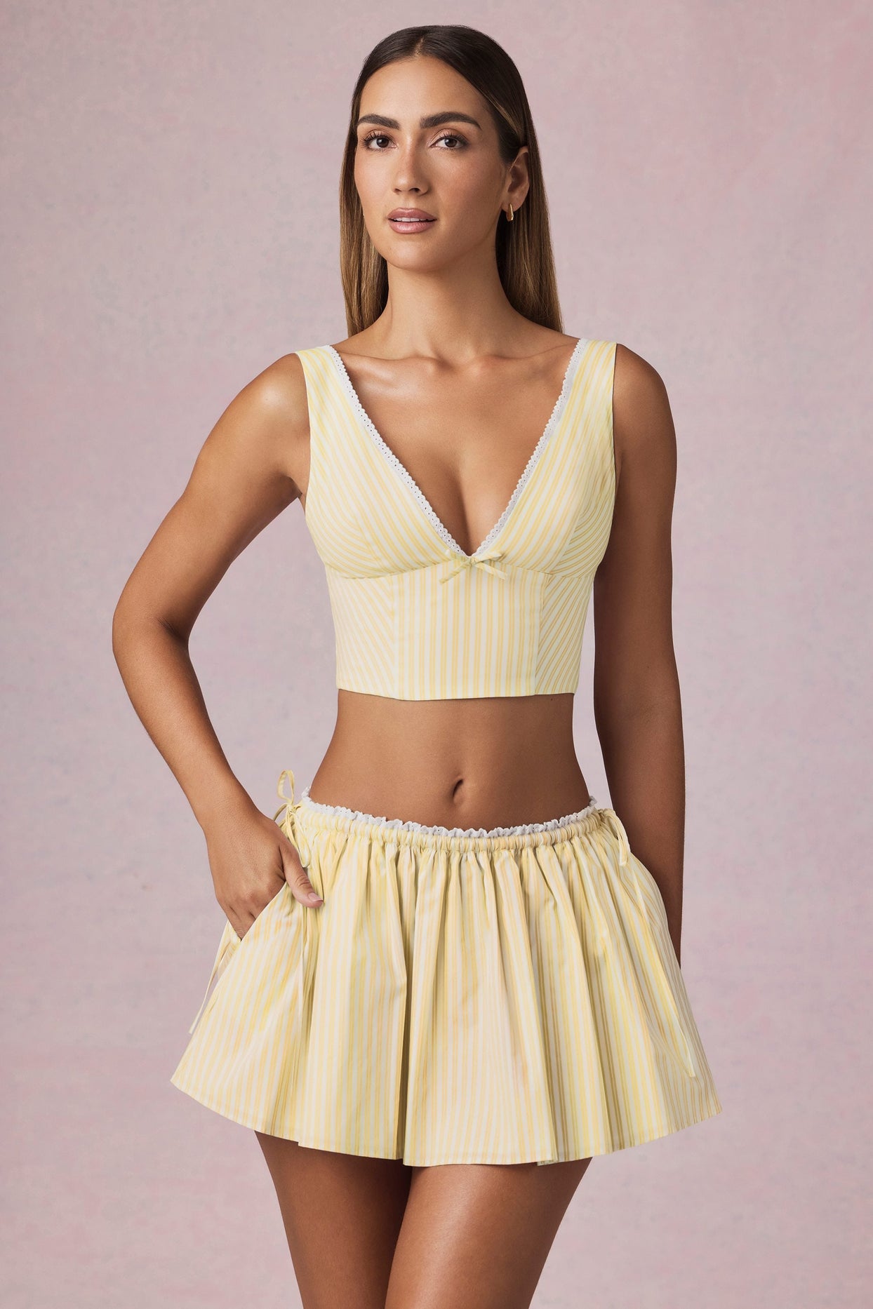 Ruched Drawstring Mini Skort in Lemon Yellow Stripe