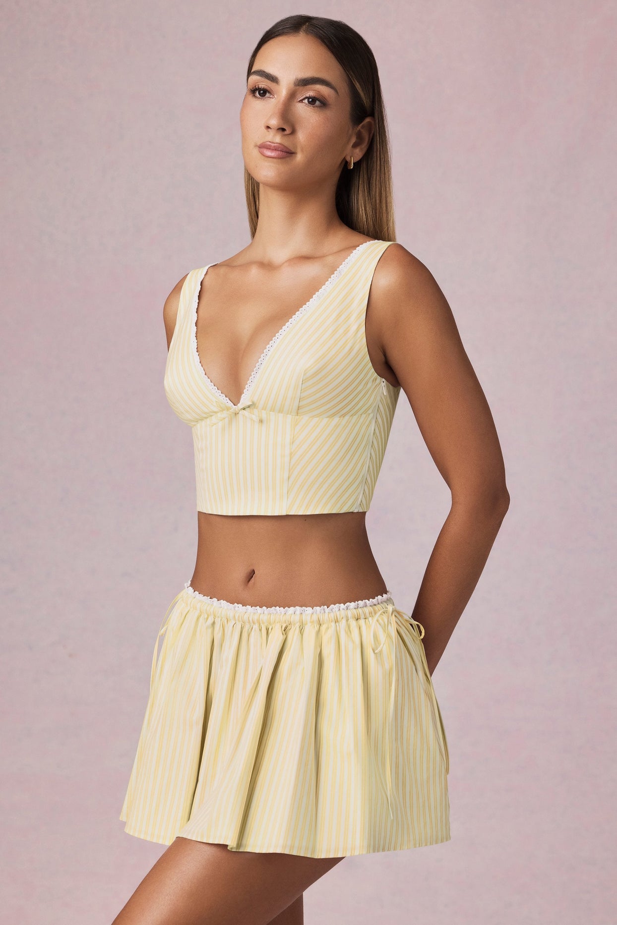 Ruched Drawstring Mini Skort in Lemon Yellow Stripe