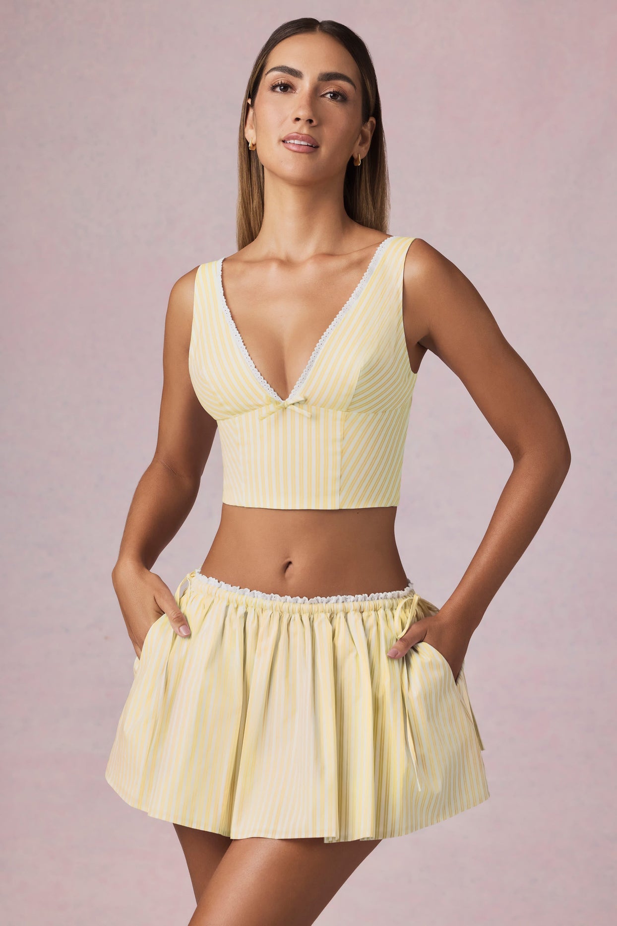 Ruched Drawstring Mini Skort in Lemon Yellow Stripe