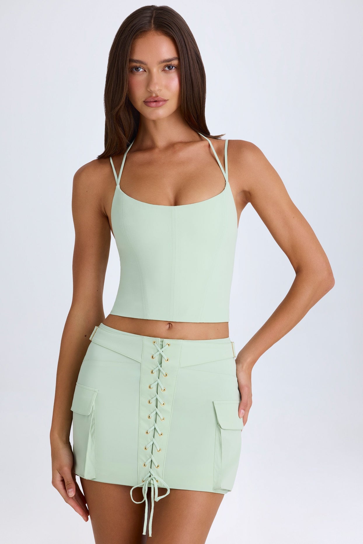 Lace-Up Cargo Micro Mini Skirt in Green - 7