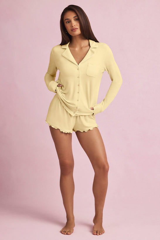 Ruffle-Trim Pyjama Shorts in Pastel Yellow
