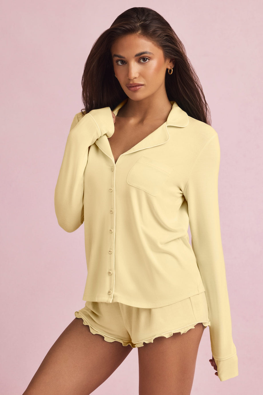Ruffle-Trim Pyjama Shorts in Pastel Yellow