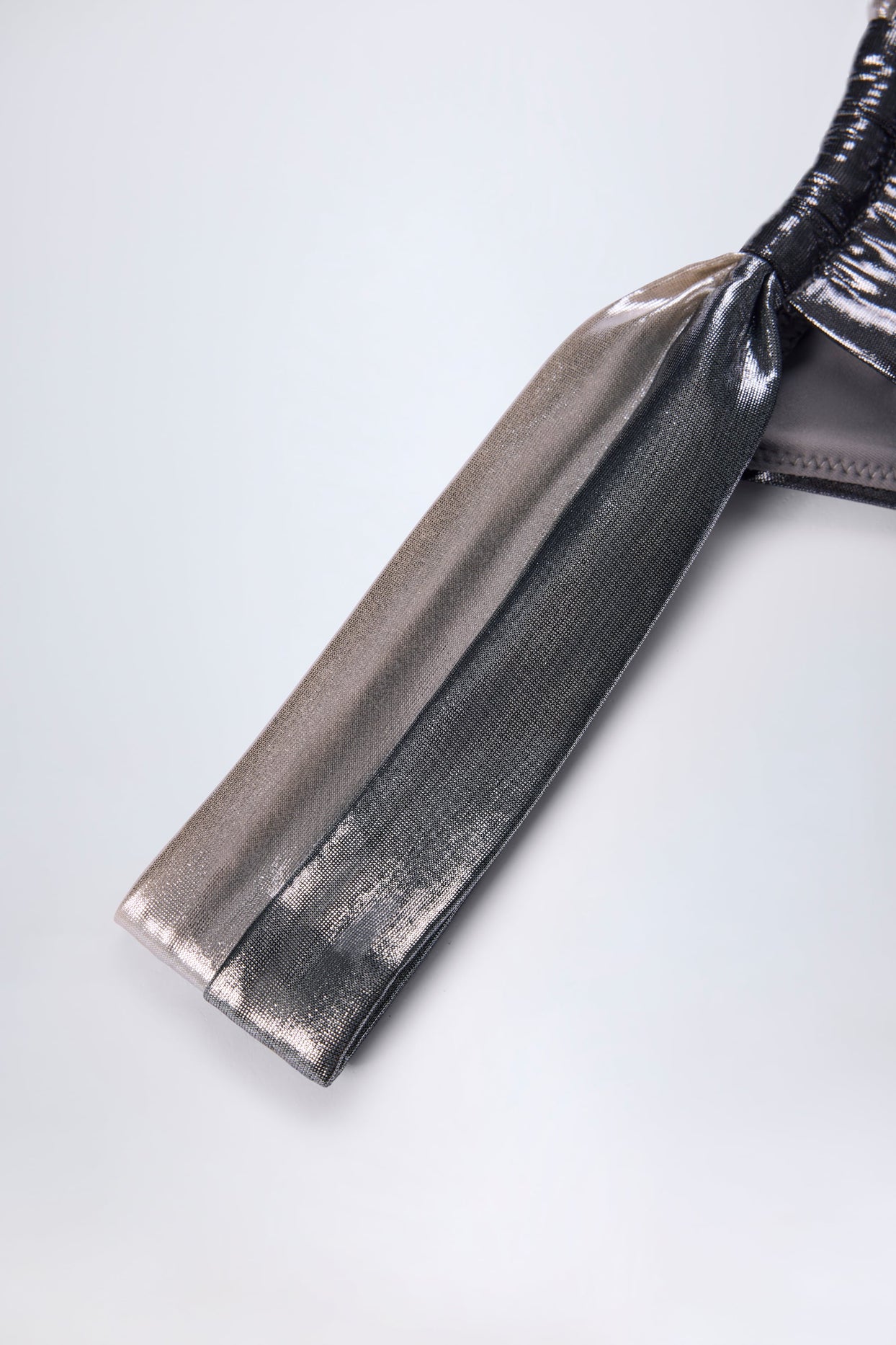 Ruched Thong Bikini Bottoms in Silver Chrome