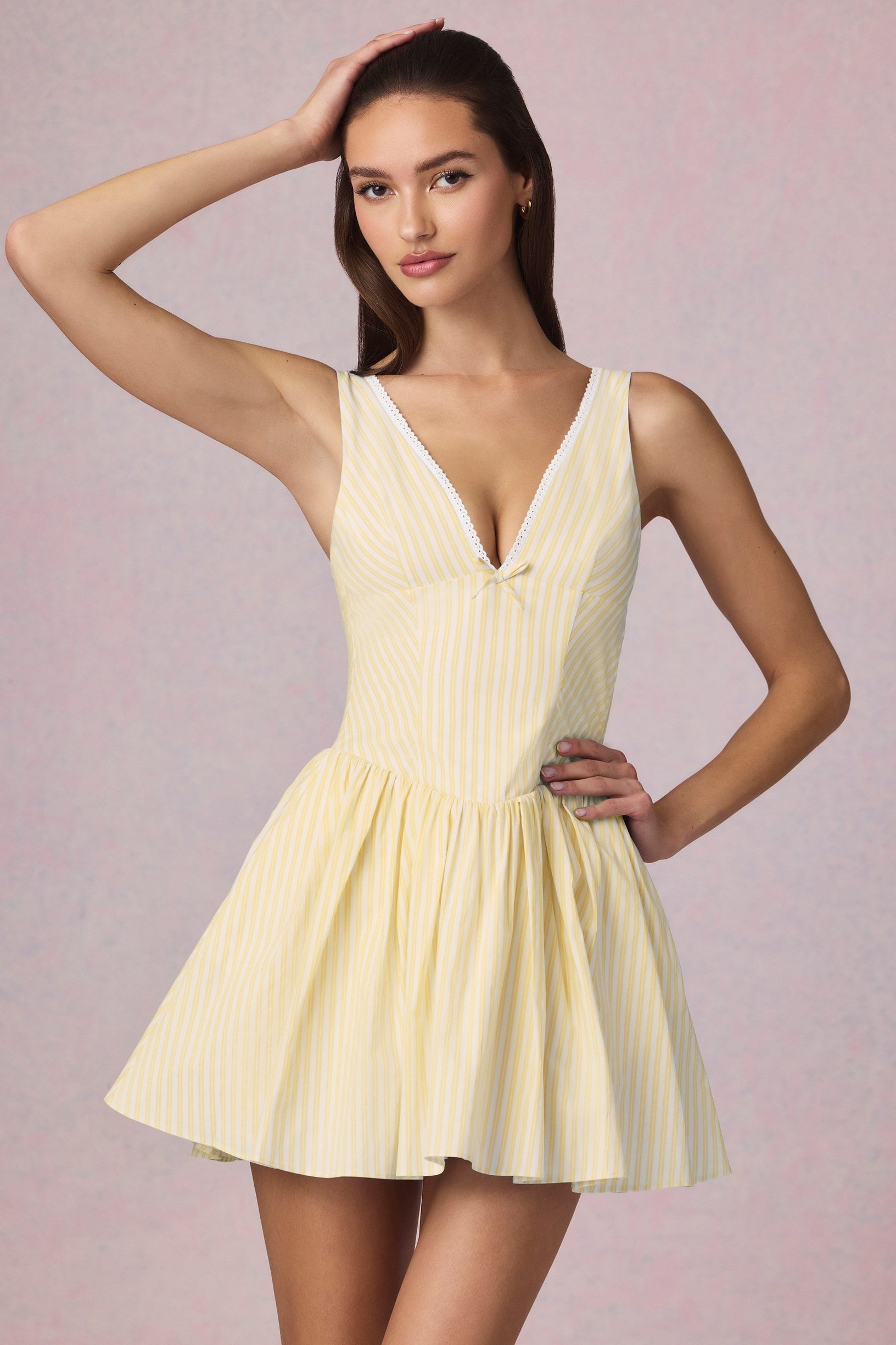 Bow-Detail A-Line Mini Dress in Lemon Yellow Stripe - 1