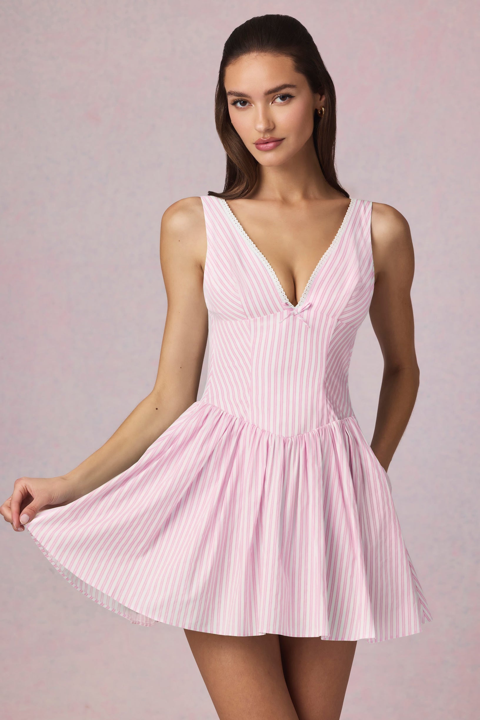 Bow-Detail A-Line Mini Dress in Soft Mauve Stripe - 1