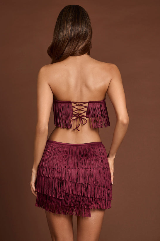 Fringed Mid-Rise Mini Skirt in Wine Red