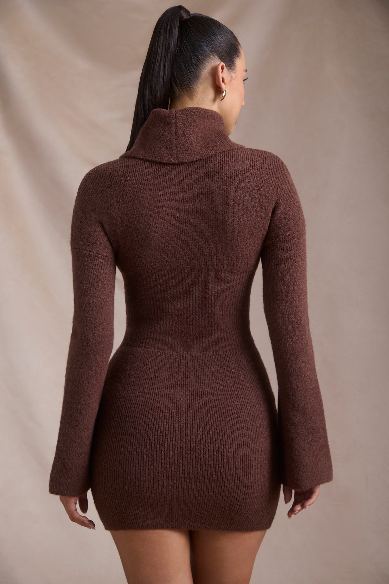 Ribbed-Knit Turtleneck Mini Jumper Dress in Espresso