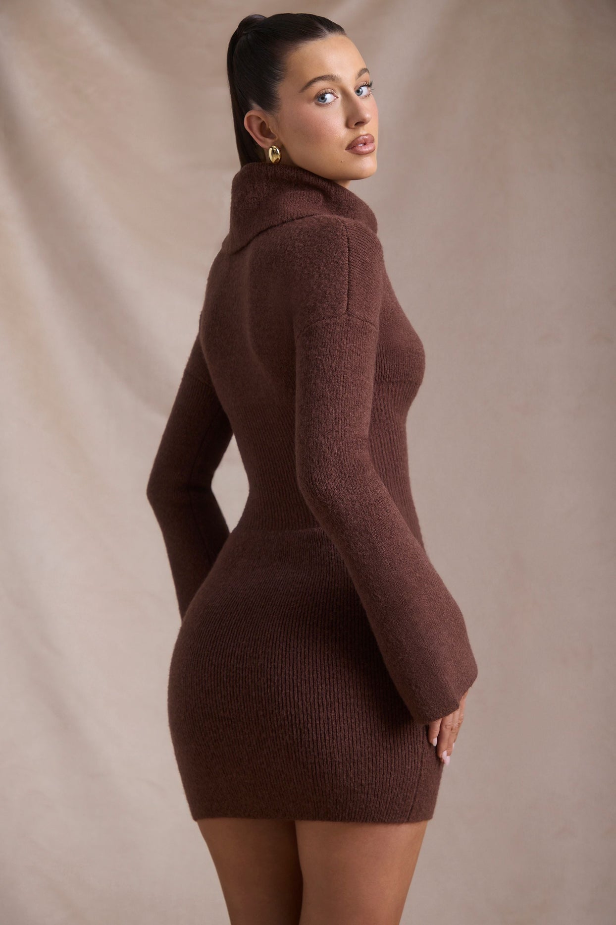 Ribbed-Knit Turtleneck Mini Jumper Dress in Espresso