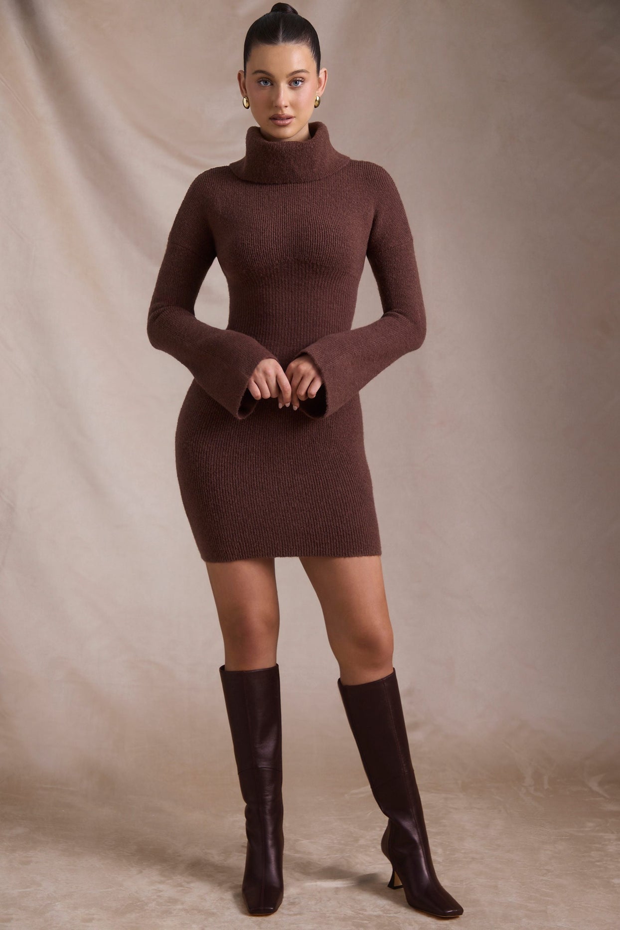 Ribbed-Knit Turtleneck Mini Jumper Dress in Espresso