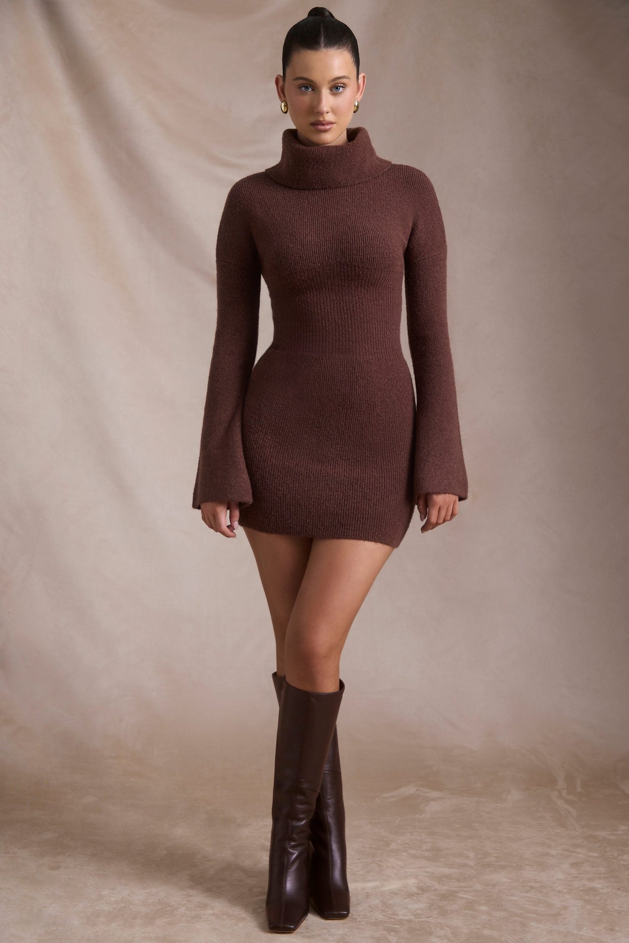 Ribbed-Knit Turtleneck Mini Jumper Dress in Espresso