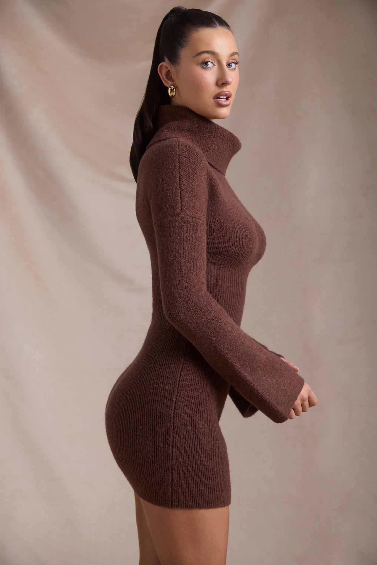 Ribbed-Knit Turtleneck Mini Jumper Dress in Espresso