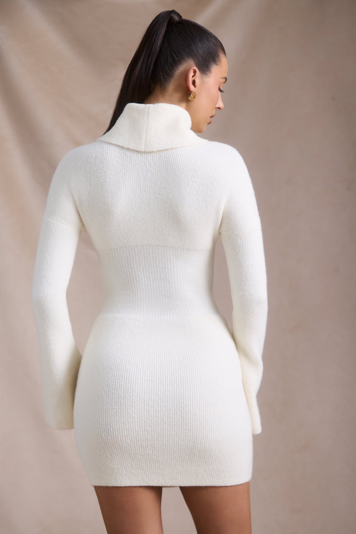 Ribbed-Knit Turtleneck Mini Jumper Dress in Ivory