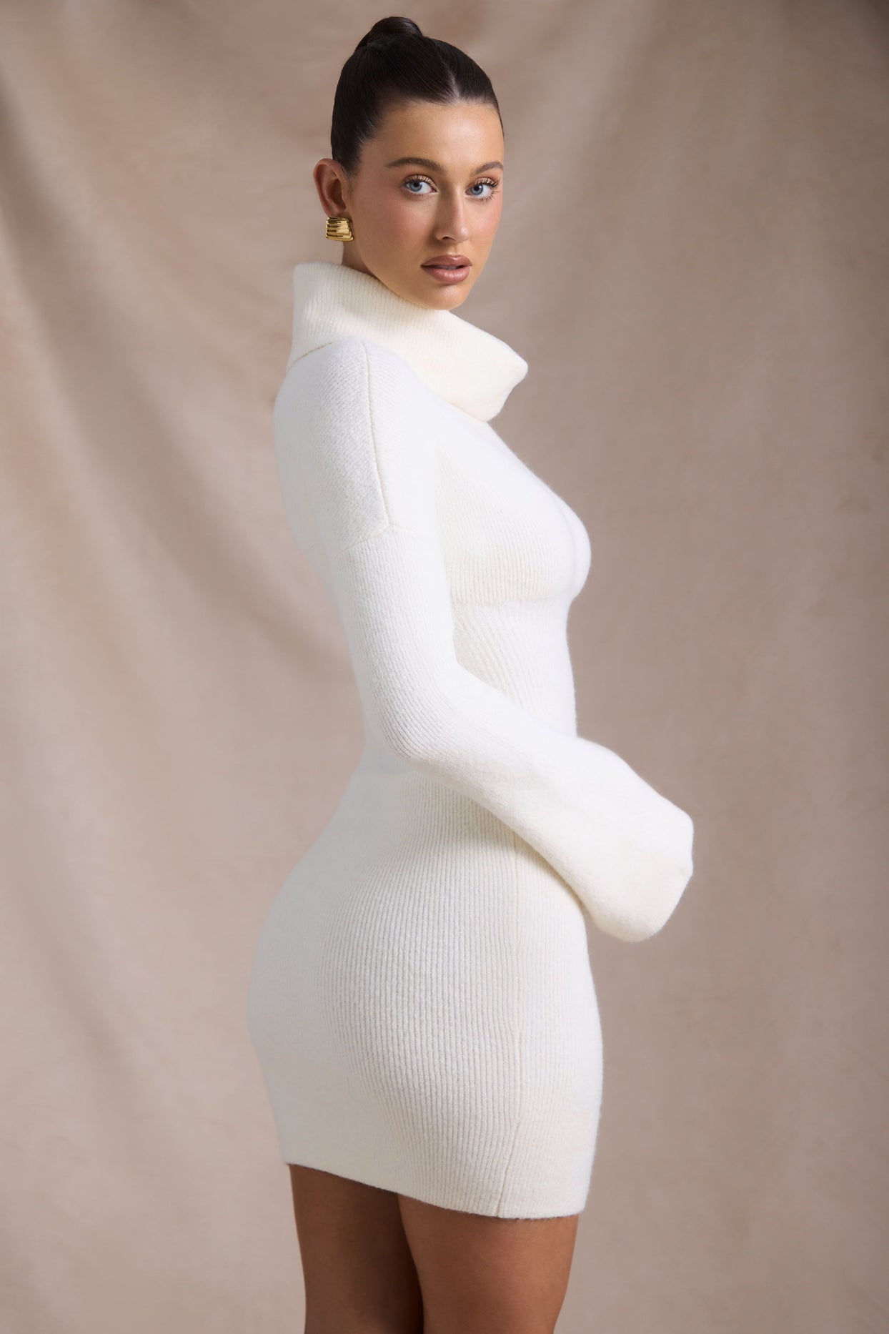 Ribbed-Knit Turtleneck Mini Jumper Dress in Ivory