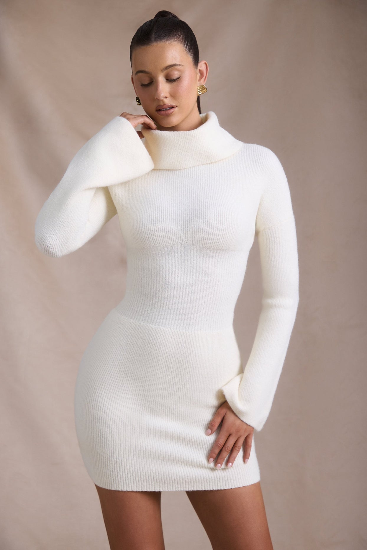 Ribbed-Knit Turtleneck Mini Jumper Dress in Ivory