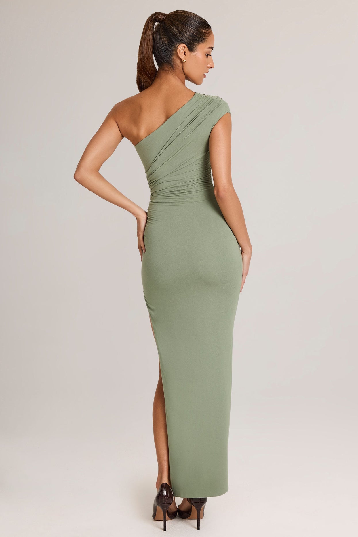 Maude Modal Asymmetric Ruched Maxi Dress in Sage Green | Oh Polly Maude Modal Asymmetric Ruched Maxi Dress in Sage Green | Oh Polly
